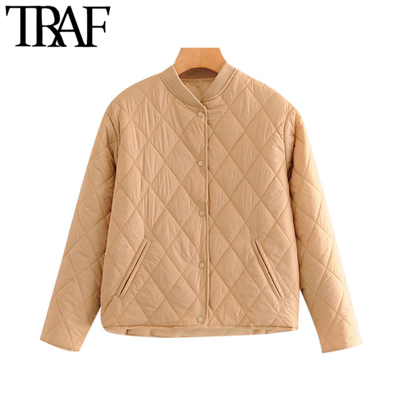 TRAF Women Fashion Argyle Loose Padded Jacket Coat Vintage Long Sleeve Side Pockets Female Outerwear Chic Tops 201017