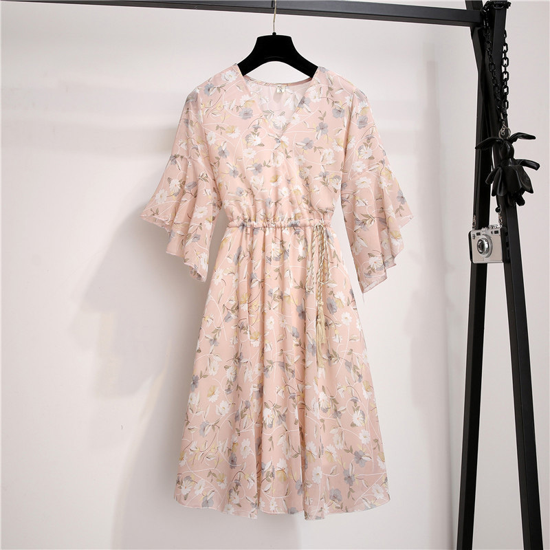 Spring Summer Chiffon Dress Women Knee Length VNeck Print Dresses Sweet Ruffle Sleeeve Slim New Casual Drawstring Women Dress T200320