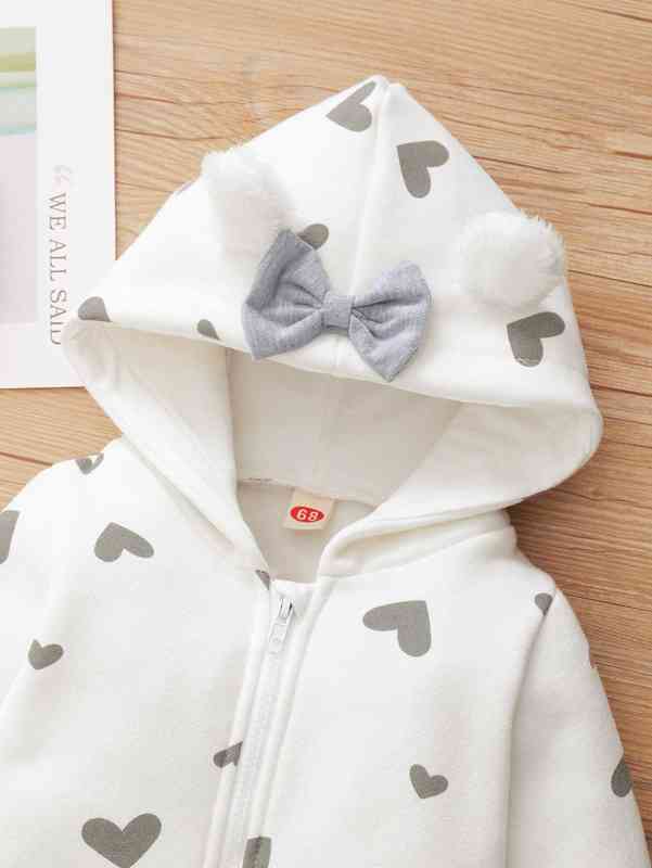 Baby Heart Print Bow Hooded Jumpsuit SHE
