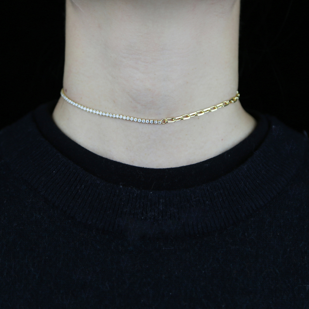 2024 new women chain adjusted size half cz tennis chain half paper clip chain simple necklaces valentines day gift