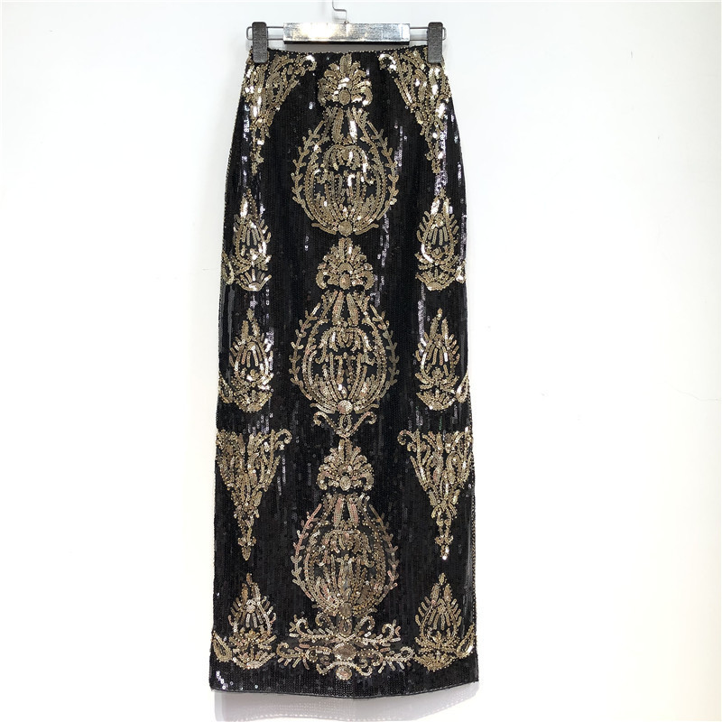 Cakucool Retro Black Sequined X Long Skirt Vintage Beading Pencil Skirt High Waist Golden Silm Bodycon Runway Back Slit Skirt T200324
