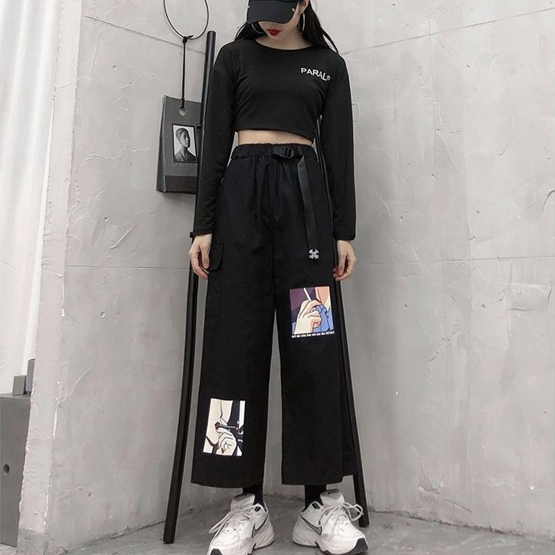 Women New Wide Leg Pants Fashion Elastic High Waist Harajuku Sweatpants Female Streetwear Casual Loose Ankle Length Black Pants 201106
