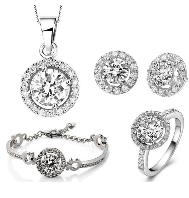 18K Gold Silver Plated Zircon Earrings Necklace Bracelet Bridal Wedding Jewelry Set for Women Round Crystal Pendent Jewelry Sets