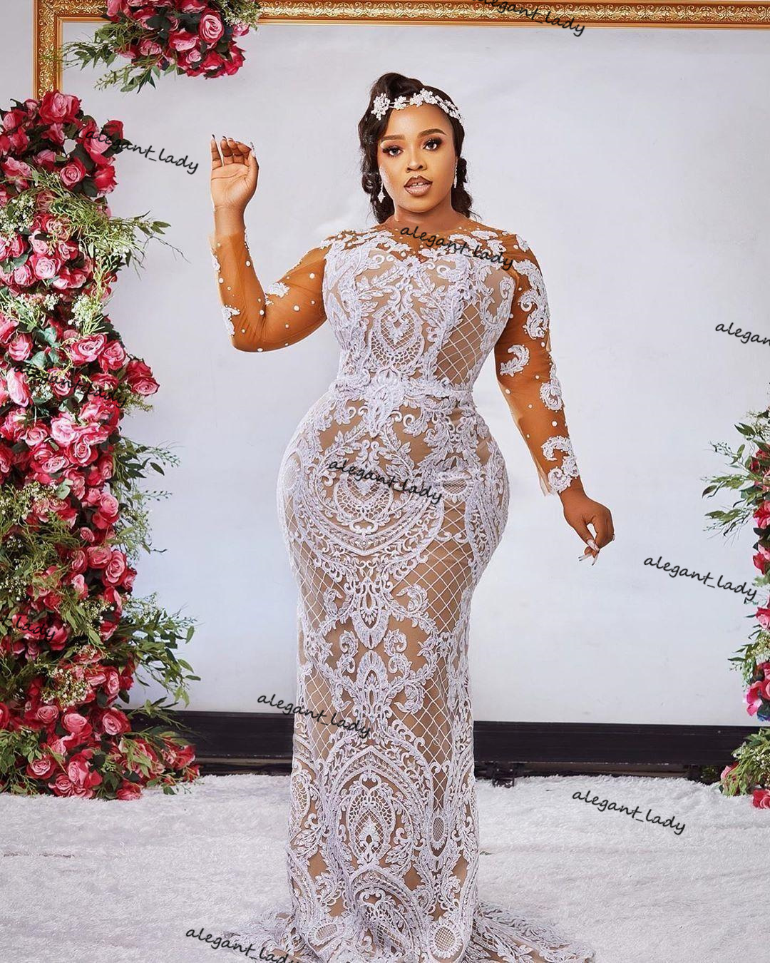 Plus Size Mermaid Lace Wedding Dresses with detachable train Long Sleeves Beaded african Bridal Gowns Sweep Train robe de mariée
