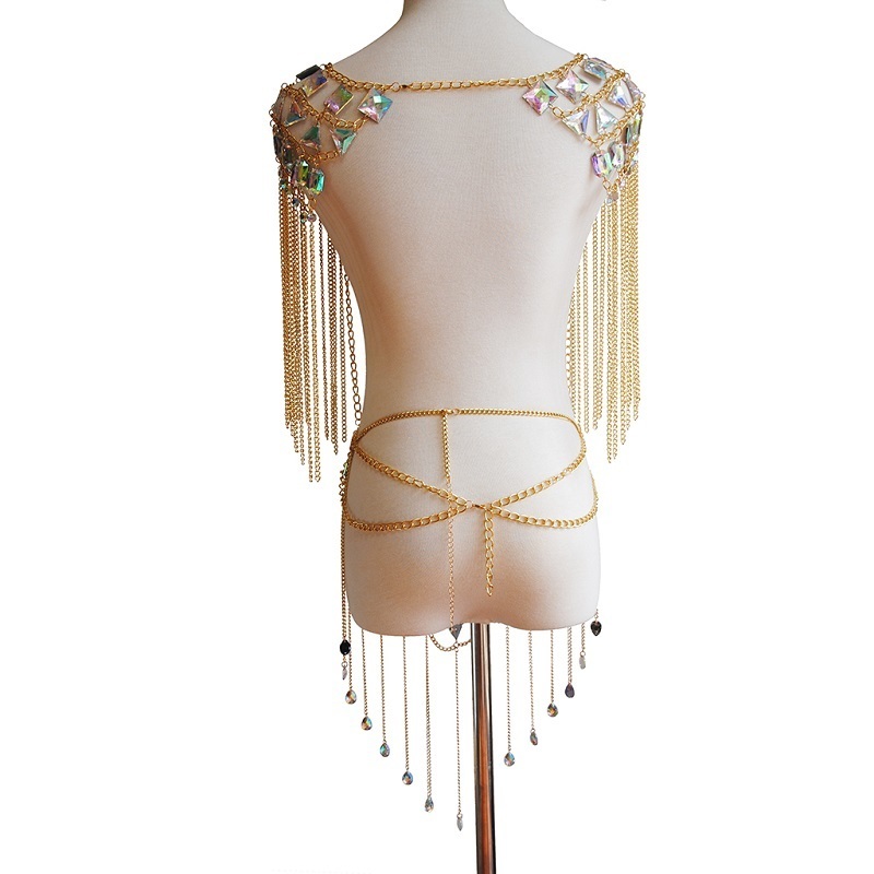 Classic Tassels Style Ladies Sequin Acrylic Shoulder Chain Necklace Promotion Fashion Sexy Beach Belly Body Chain Set Jewelry T200508