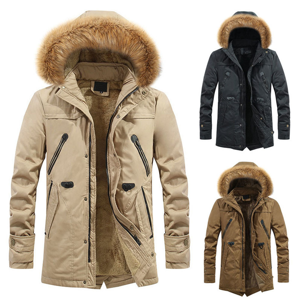 Men's Collar Parka Mid-Long Men Outdoor Military Jacket Winter Fashion Fur Lined Warm Hood Coat 201202