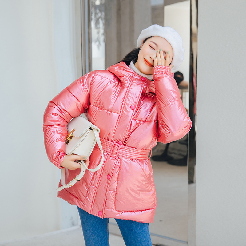 Glossy Warm Women Hooded Coat Solid Soft Cotton Padded Jackets Female Women Slim Belt Winter Parkas Jacket Coat 200928