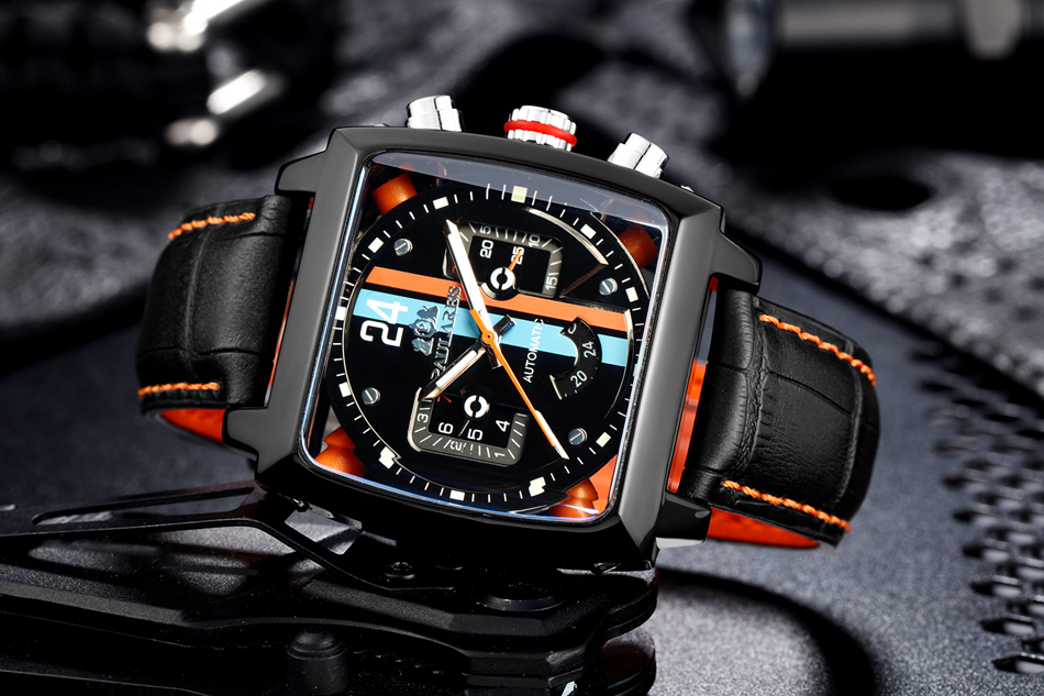 Automatic Self Wind Mechanical Genuine Leather Stainless Steel Black Orange Blue Casual Perspective See Through Men Watch 201218