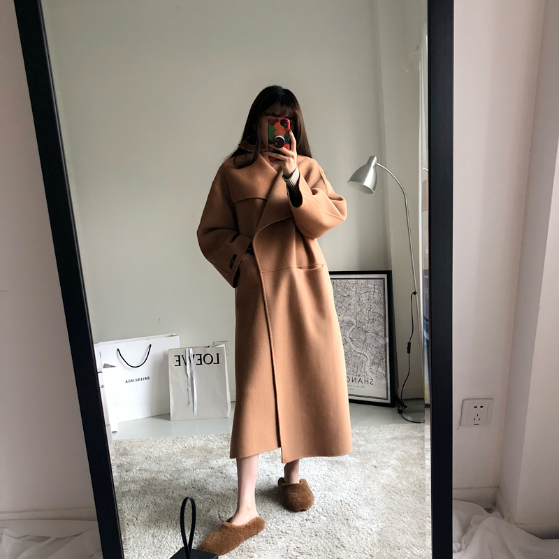 New Women Wool Long Coat Autumn Winter Cashmere Side Slit Big Turn-down Collar Warm Coats Camel Black Grey Color 201216