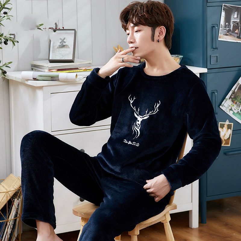 Men Pajamas Winter Flannel Pajama Set Plus Size 3XL Coral Fleece Casual Thick Homewear Warm Sleepwear Boys Pijama Mujer 201111