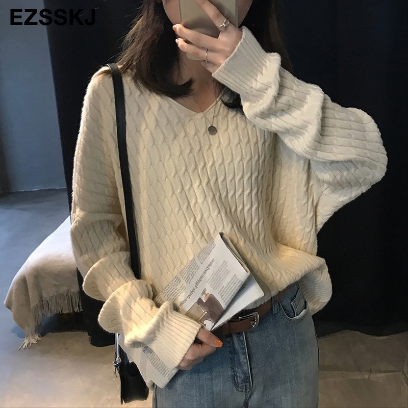 basic spring autumn soft oversize Sweater Pullovers Women v-neck Long Sleeve Knit thick Sweater Female Jumpers solid sweater 201031