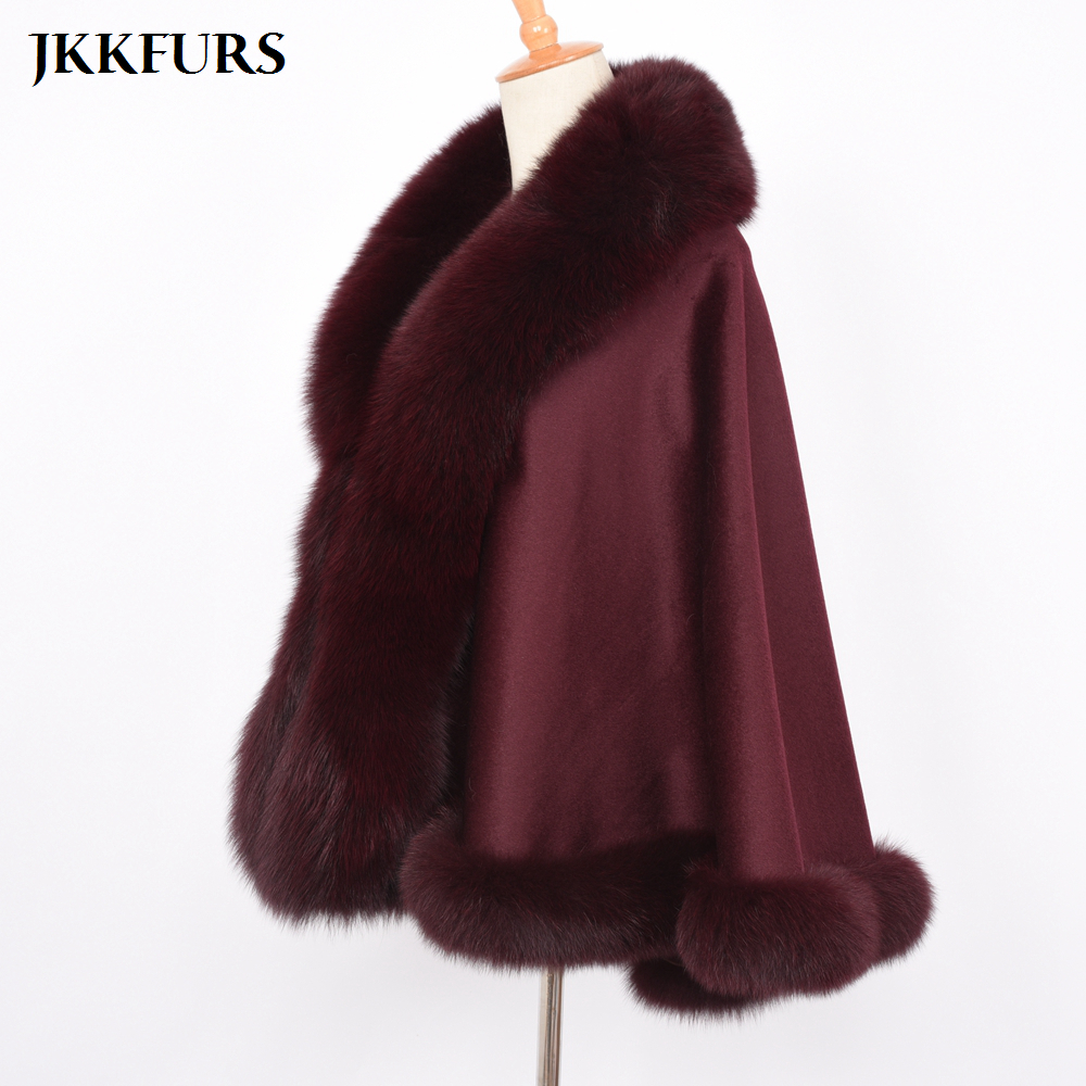 JKKFURS Women's Poncho Genuine Fox Fur Collar Trim & Cashmere Cape Wool Fashion Style Autumn Winter Warm Coat S7358 201103