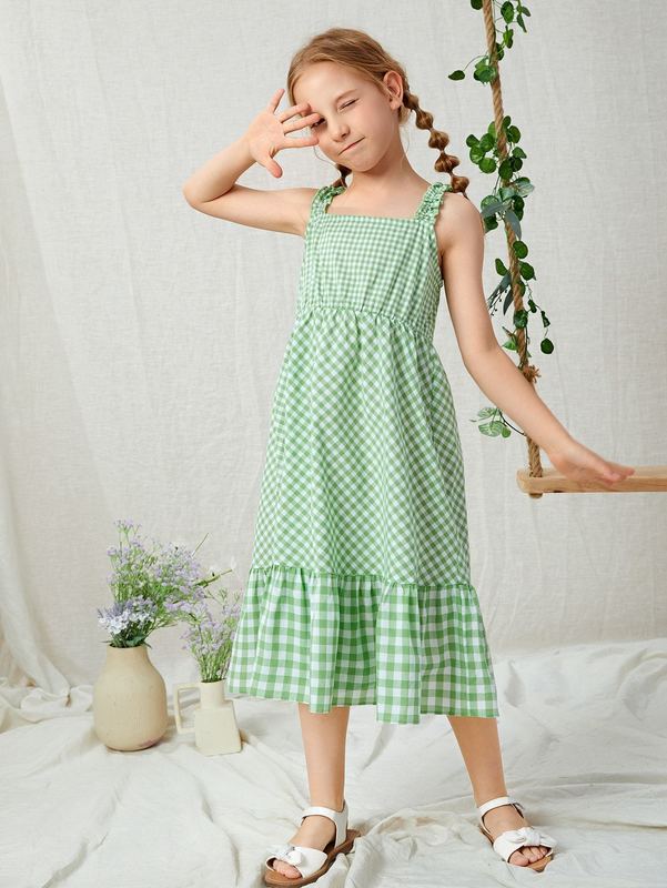 Girls Gingham Print Ruffle Hem Dress SHE