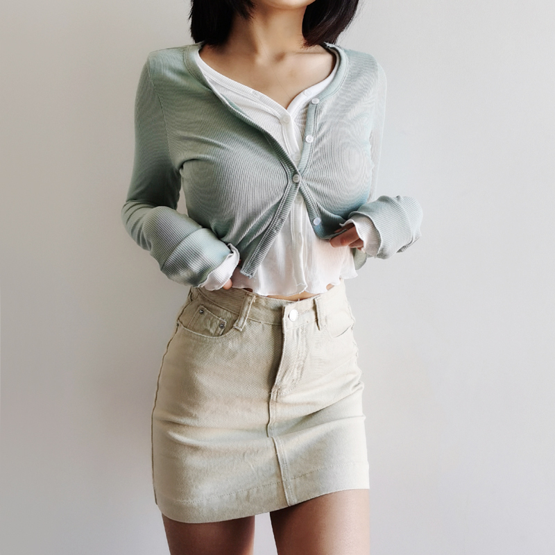 Women Double Layer Button Up Crop Cardigan 201030