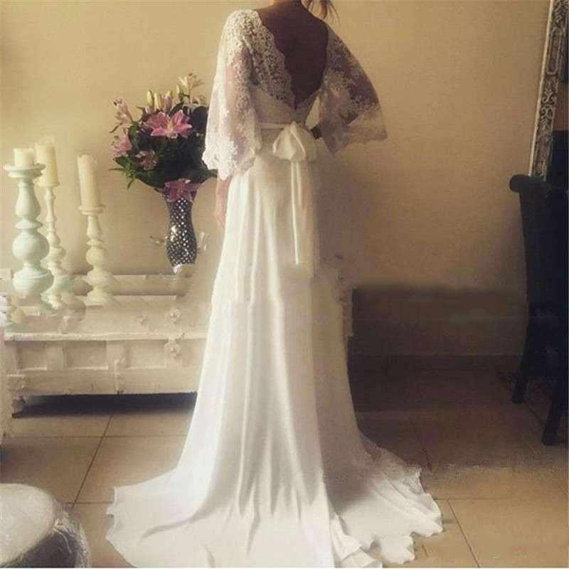 Bohemian Beach White Chiffon Wedding Dress Deep V Neck Plus Size Boho Bride Gowns Lace Appliques Full Length Sexy Backless Long Sleeve A Line Bridal D