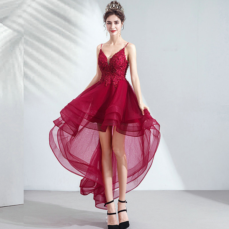 Lamya Lace Appliques High Low Evening Party Dresses V Neck Spaghetti Strap vestido de festa Short Front Long Back Fromal Gown 201114