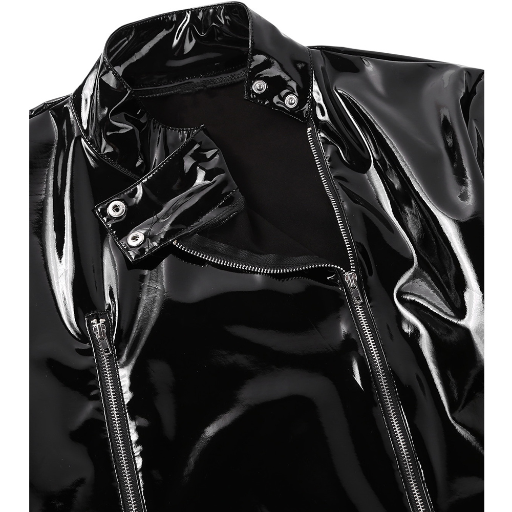 Mens Jacket Coat Wet Look Patent Leather Coat Stand Collar Long Sleeves Front Zippered Motorcycle Jacket Biker Coat punk jackets T200502