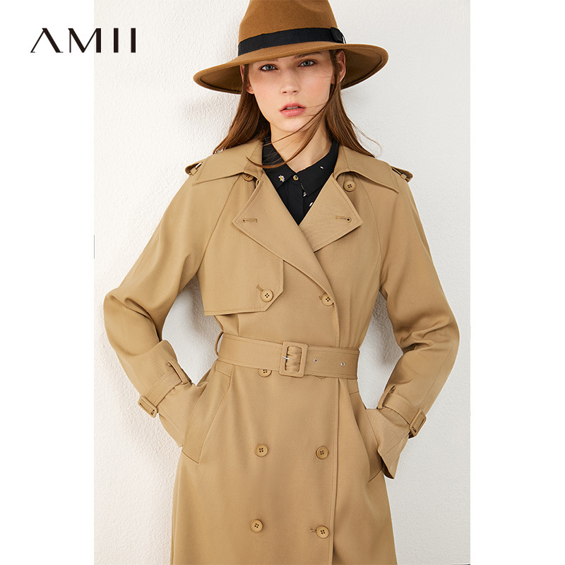 AMII Minimalism Autumn Winter Women's Windbreaker Fashion British Style Solid Lapel Belt Women's Trench Coat Women 12040443 201031