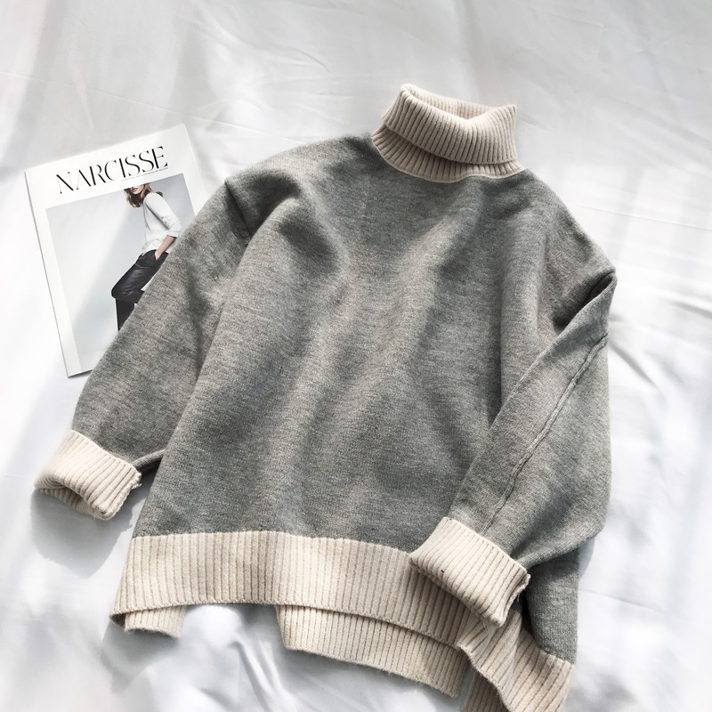 Oversized Turtleneck Sweater Women Loose Pullovers Winter Thick Warm Knit Tops High Neck Color Block Soft Jumper Large Knitwear 201120