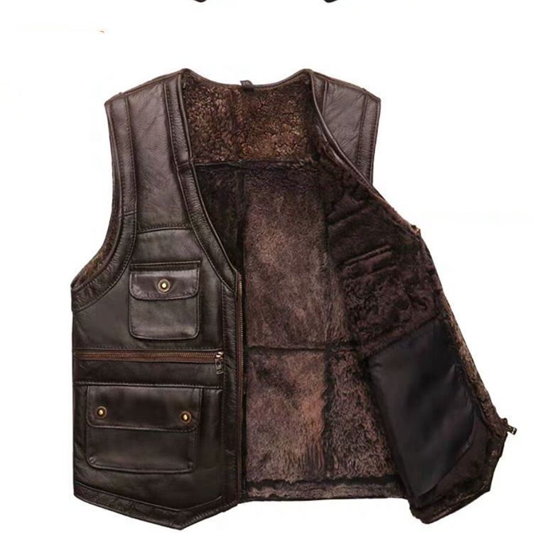 Holyrising Mens Full Real Sheepskin Leather Gilet Motorcycle Vest for Men Pockets Black Brown Leather Coat winter jacket 201128