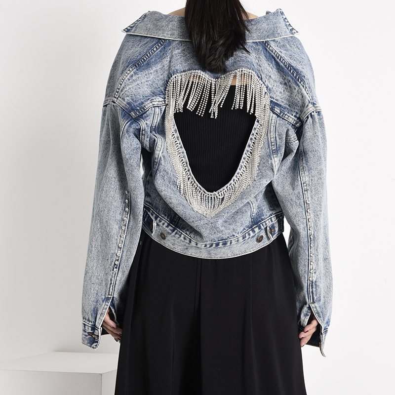 EAM Blue Short Rhinestones Hollow Out Denim Jacket Lapel Long Sleeve Women Coat Fashion Spring Autumn 1X90305 201029