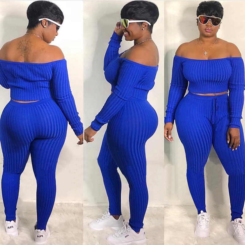HAOYUAN Sexy Plus Size Two Piece Set Jumpsuit Off Shoulder Crop Top+lace Up Pants Tracksuit Fall Fashion Streetwear Matching Set 201007