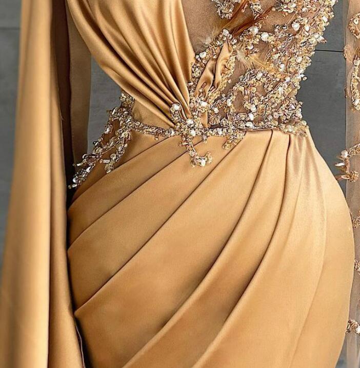 aso ebi arabic gold mermaid sexy evening dresses beaded crystals prom dresses high split formal party second reception gowns zj295