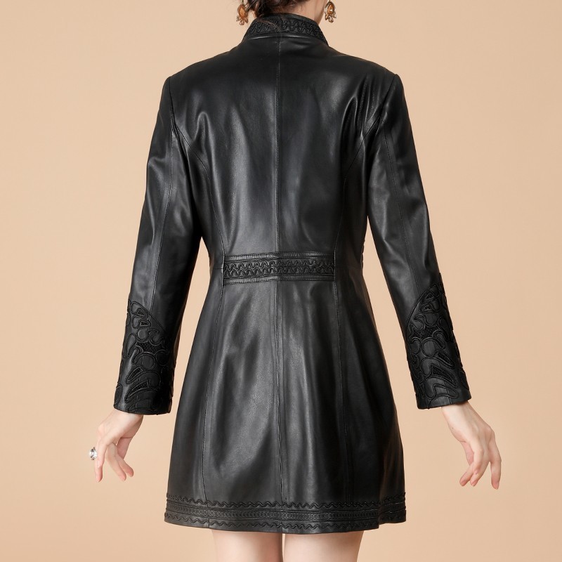 Autumn Genuine Leather Jacket Women Hollow Out Embroidery Slim Sheepskin Coat Office Lady Medium Long Windbreaker Plus Size 6XL 201030