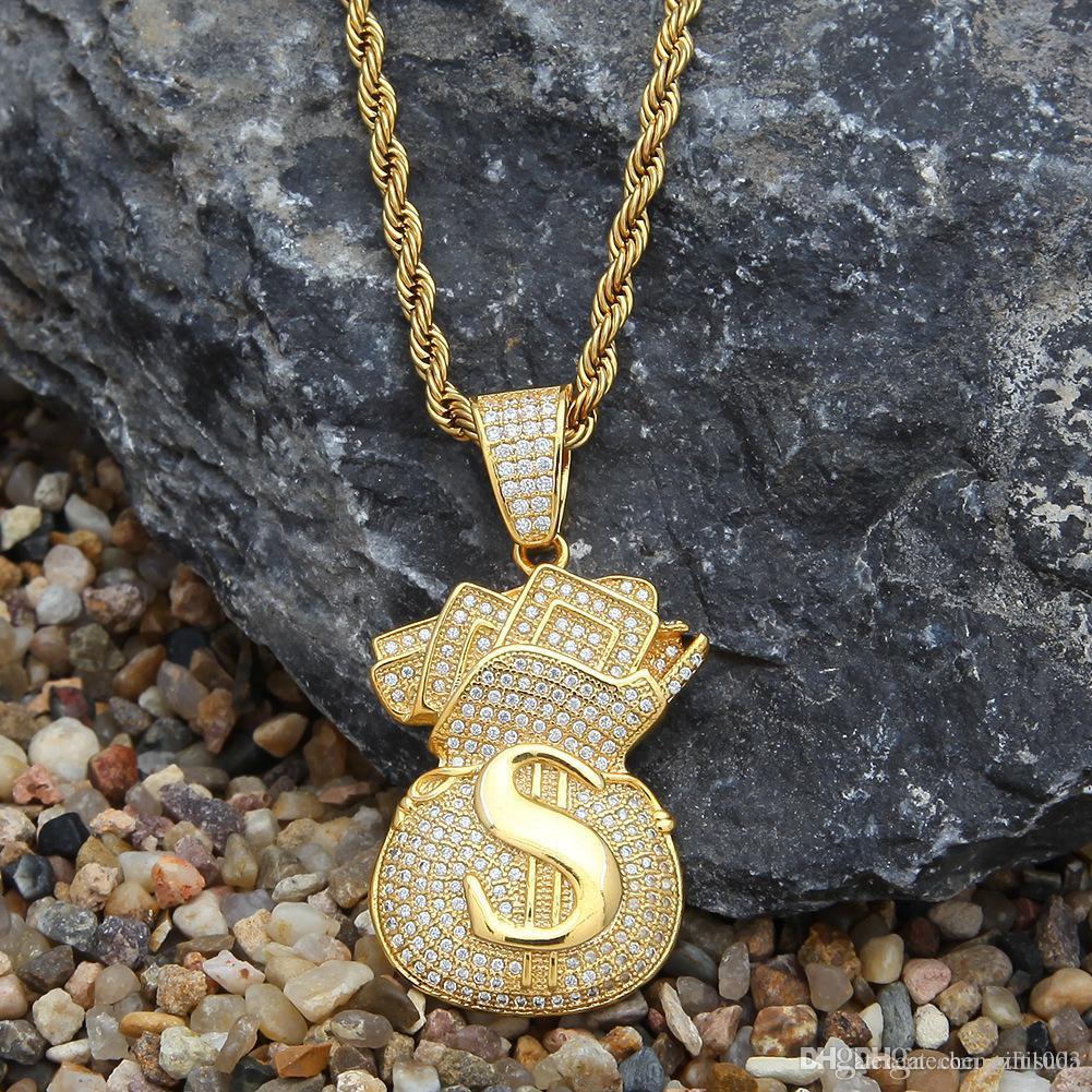New Arrivel Iced Out Cubic Zircon Money Bag Pendant Necklace Hip Hop Gold Sier Color Men Charm Chain Jewelry Free shipping Free shipping