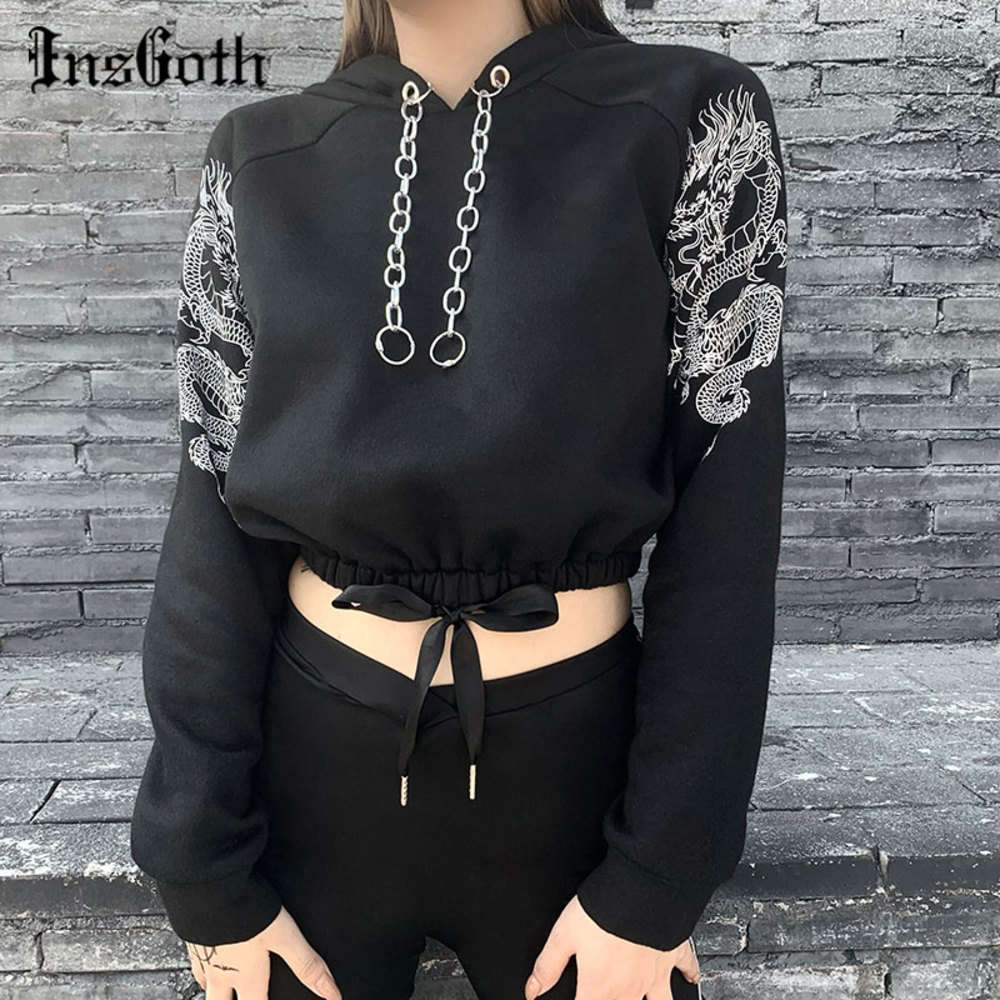 InsGoth Dragon Print Goth Black Hoodie Harajuku Punk Metal Chain Patchwork Hooded Hoodies Women Streetwear Bandage Cropped Tops
InsGoth Dragon Print Goth Black Hoodie Harajuku Punk Metal Chain Patchwork Hooded Hoodies Women Streetwear Bandage Cropped Tops