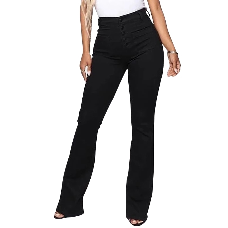 Newly Washed High Waist Button Boot-cut Jeans Women Casual Long Pants Trousers DO99 201109
