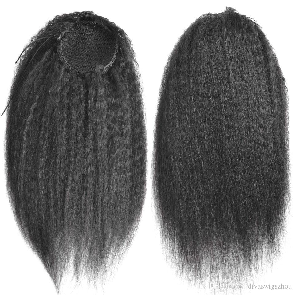 14inch Kinky Straight Pony tail Extension Magic Paste Clip in Yaki Wavy Human Wrap Around Ponytail Hairpiece