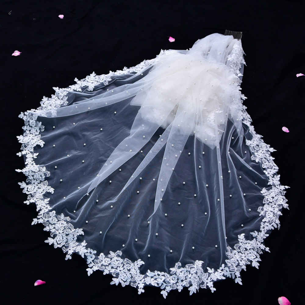 Wedding Veils Lace Appliqued Oner Layer 3meter Custom Made Applique Race Pearl Veils with Comb Bride Bridal Accessories