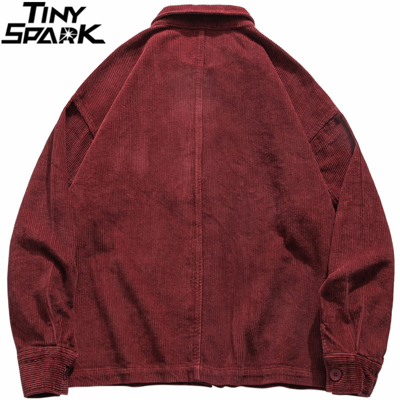 Mens Hip Hop Streetwear Jacket Vintage Retro Corduroy Jacket Coat Autumn Button Loose Bomber Jacket Pockets Cotton Red Blue 201218