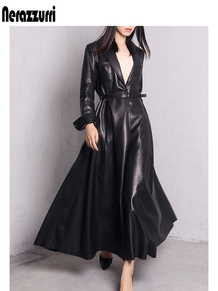 Nerazzurri high quality red black maxi leather trench coat for women long sleeve extra long skirted overcoat plus size fashion 201224