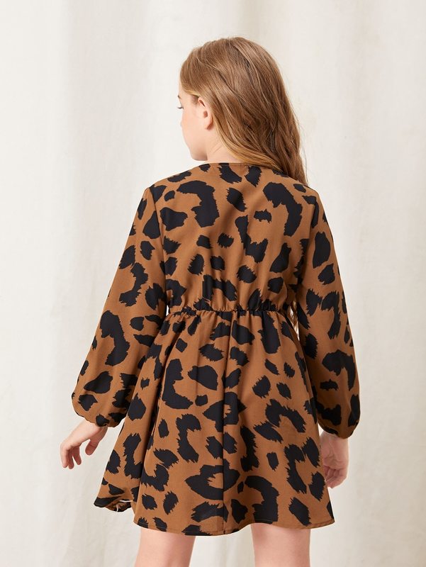 Girls Allover Print Lantern Sleeve Overlap Collar Dress SHE