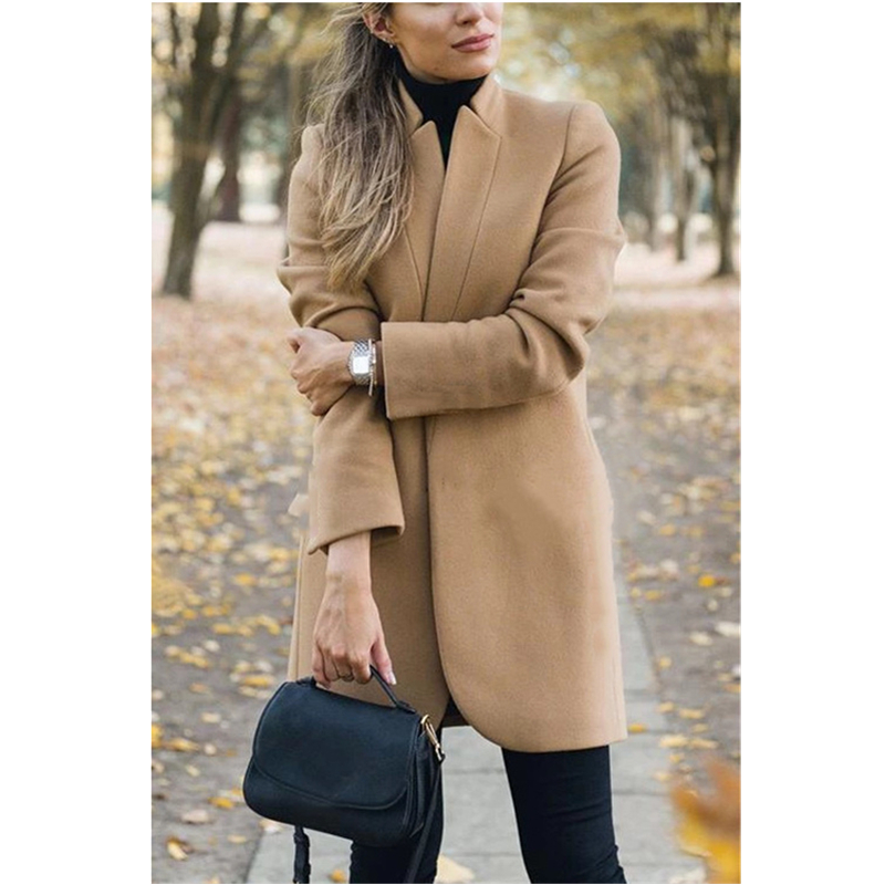 Woolens Overcoats Women Autumn Winter Stand Neck Long Sleeve Pockets Thin Wool Coats Casual Female Office Work Jackets Plus Size 201216