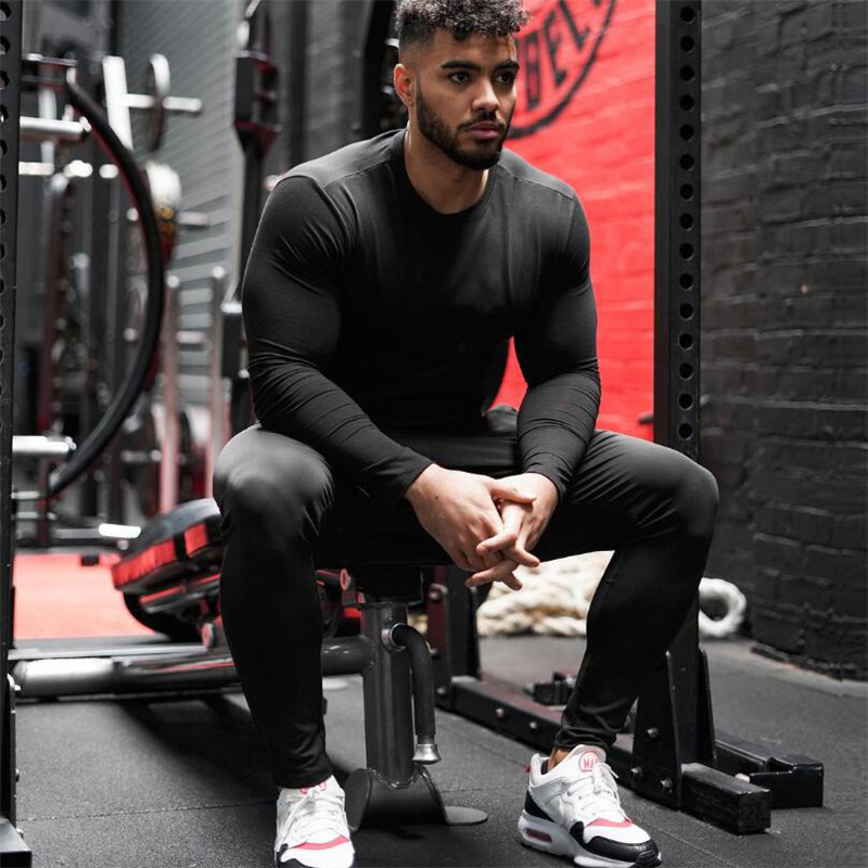 Plain Cotton Fitness Long Sleeve T Shirt Men Spring Autumn Slim Fit T-Shirt Man O-neck Tee Shirt Gym Bodybuilding Tshirt 201203