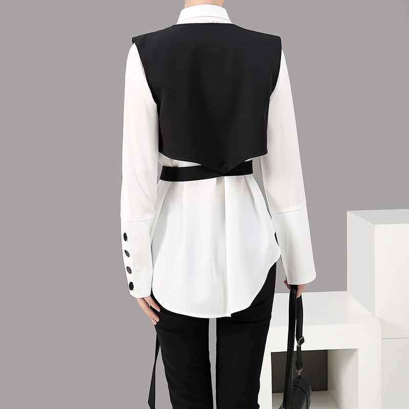 [EAM] Women Two Piece Blouse Strap Black Button New Lapel Long Sleeve Loose Fit Shirt Fashion Tide Spring Autumn LJ200922