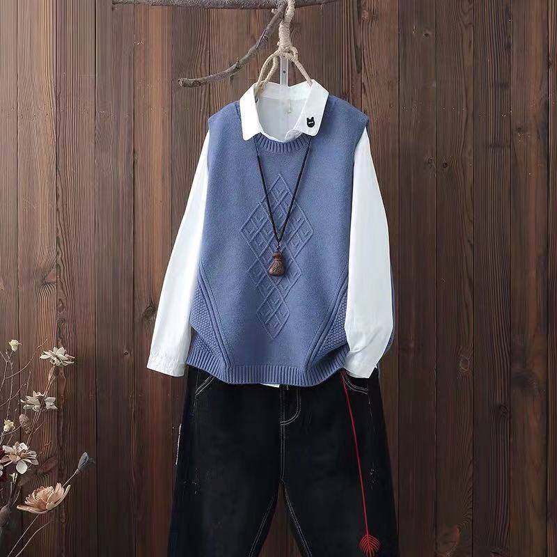 Round neck knitted waistcoat women's college style pullover waistcoat spring and autumn new woolen vest Korean loose sweater 201023