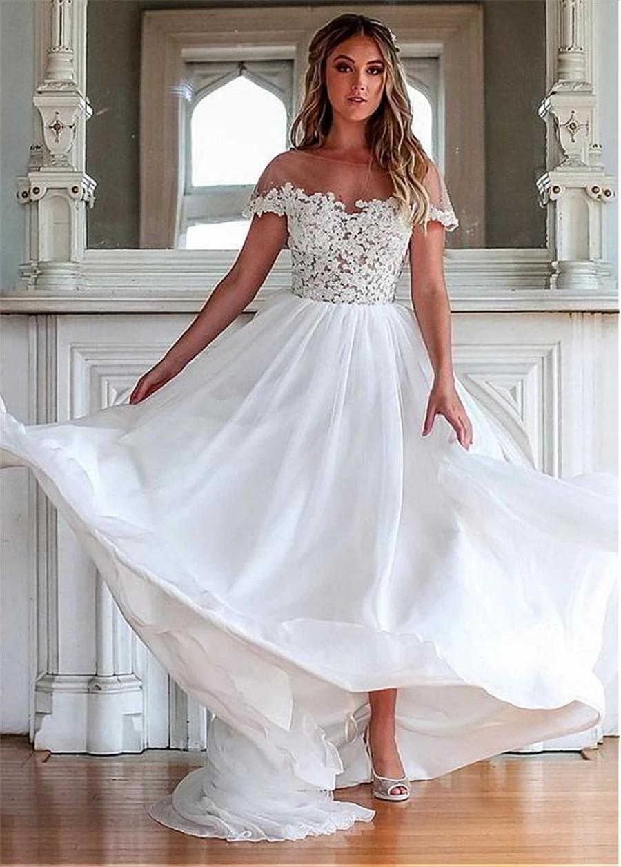 Beach Boho Dresses Short Sleeves Lace Applique Beaded Pearl Custom Made Illusion Top Chiffon Sweep Train Wedding Gown Vestidos