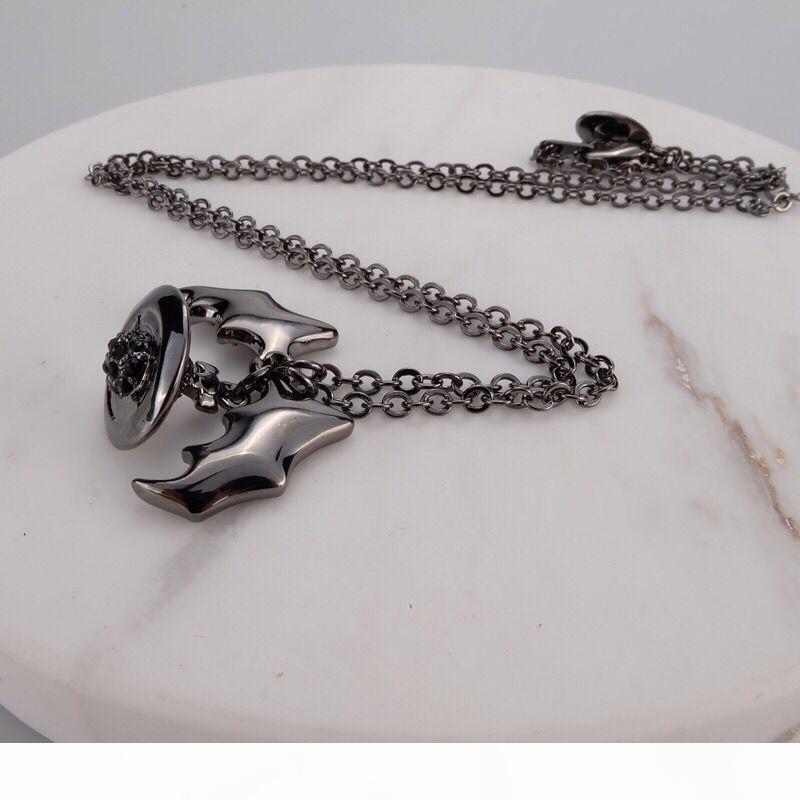 Queen MOTHER Demon Evil Titanium Black Wings Diamond Saturn Necklace Super Cool Punk Bat