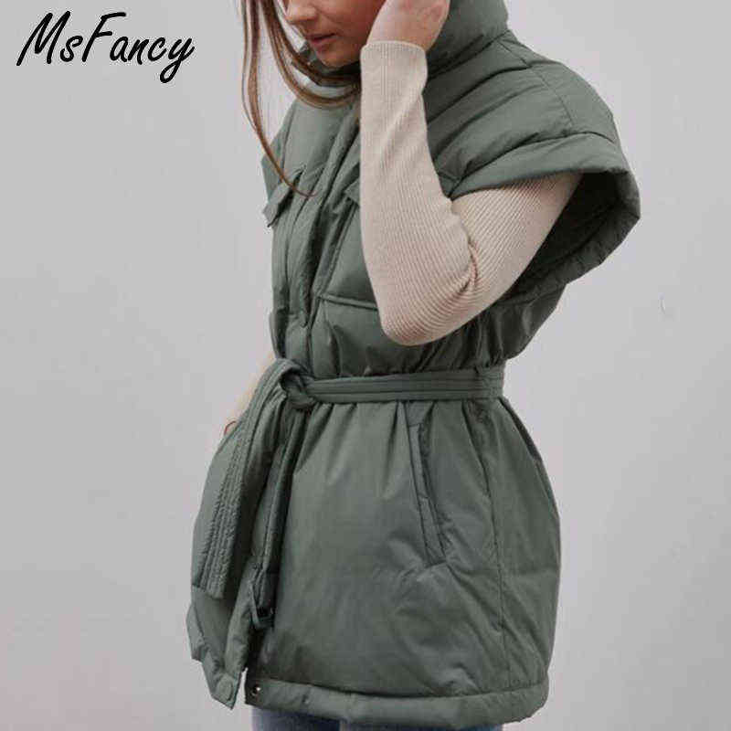Msfancy Green Quilted Vest Women Winter Stand Collar Gilet Femme Fashion Pockets Tunic Lace-up Chaleco Mujer Outwear 211220