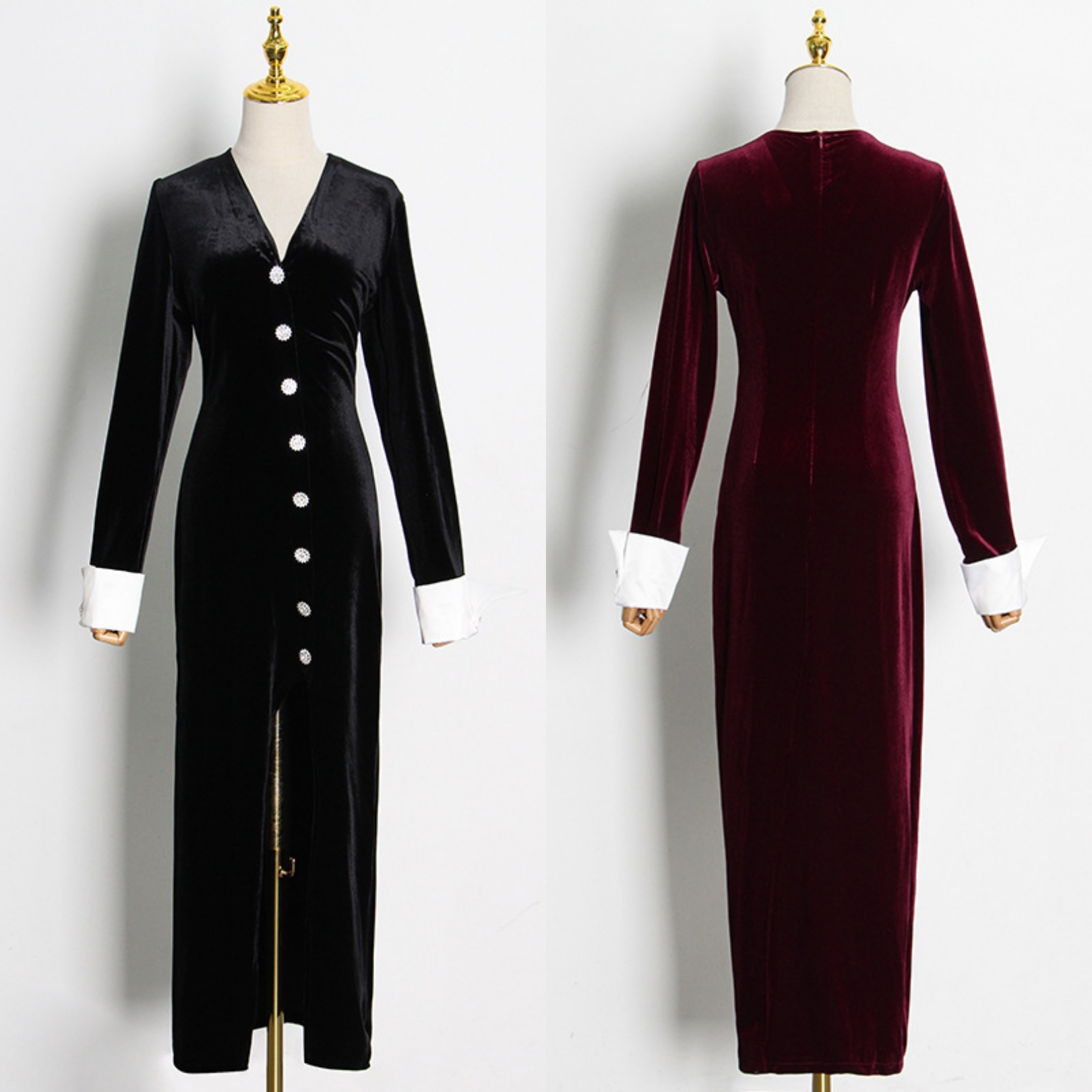 European and American spring and autumn V-neck waist split velvet dress, White;black
European and American spring and autumn V-neck waist split velvet dress, White;black