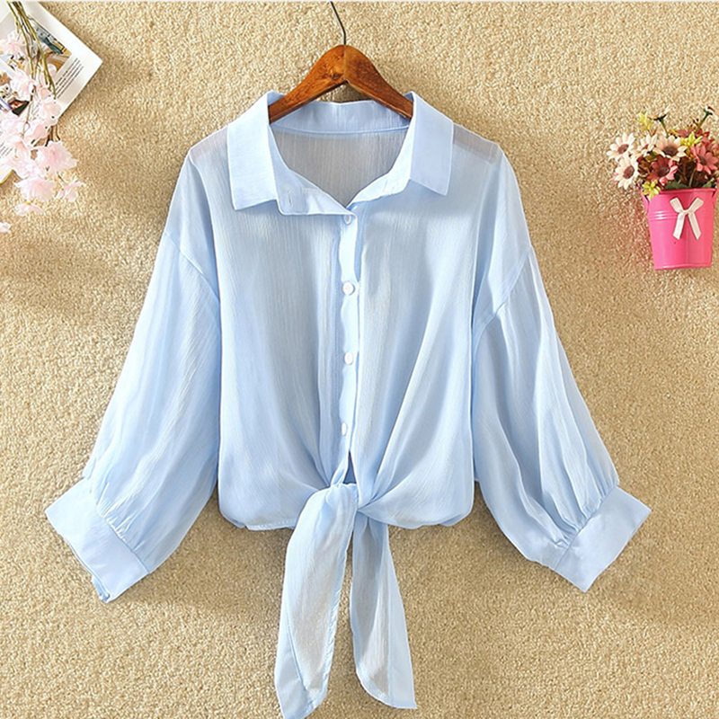 Lantern Sleeve Chiffon Shirts Women Summer Transparent Buttoned Up Shirt Top Tied Waist Elegant Women Blouses Cropped 220311