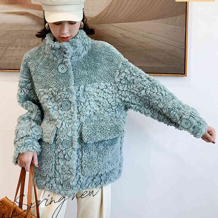 Hstar Sheep Sheared Female Brief Paragraph Coat Keep Warm With Thick Fur Compound Lambs Wool Collar Shearling 211220