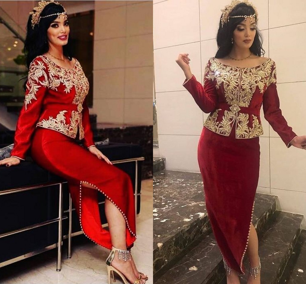 Karakou Algérien Burgundy Evening Formal Dresses Long Sleeve Gold Lace Embroidery Velvet Peplum Arabic Kaftan Prom Gowns Robes