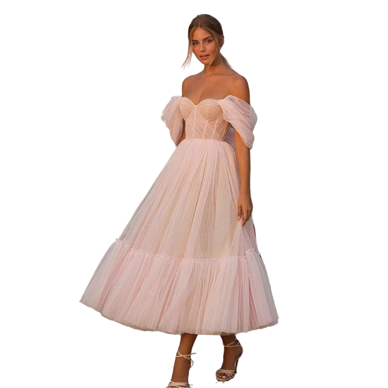 Vintage Light Pink Tea Length Prom Dresses Off The Shoulder A Line Long Formal Party Gowns Corset Tulle Evening Dress For Women Girls Engagement Speci