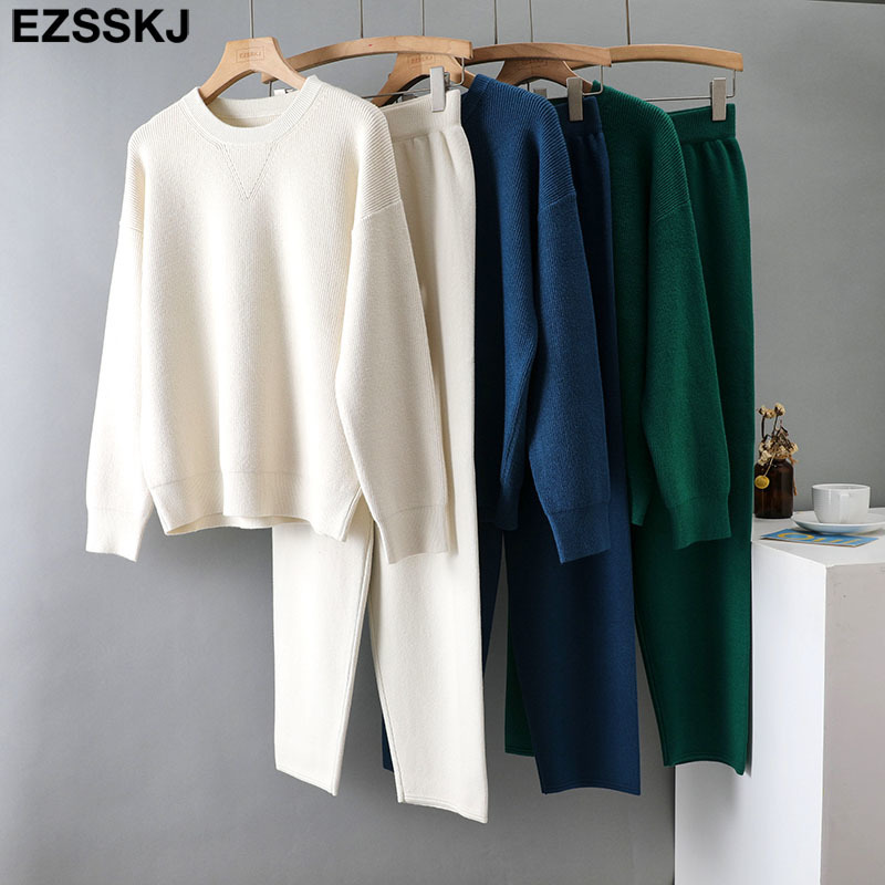 EZSSKJ 2 Pieces sweater Set Women Tracksuit o-neck Sweater + loose Trousers CHIC Pullover Sweater+ Knitted Carrot pants 220315
