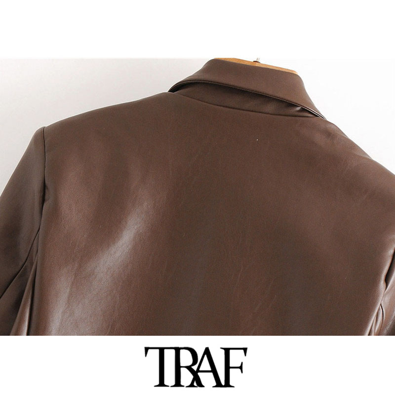 TRAF Women Fashion Double Breasted Faux Leather Blazers Coat Vintage Notched Long Sleeve Female Outerwear Chic Tops 201114